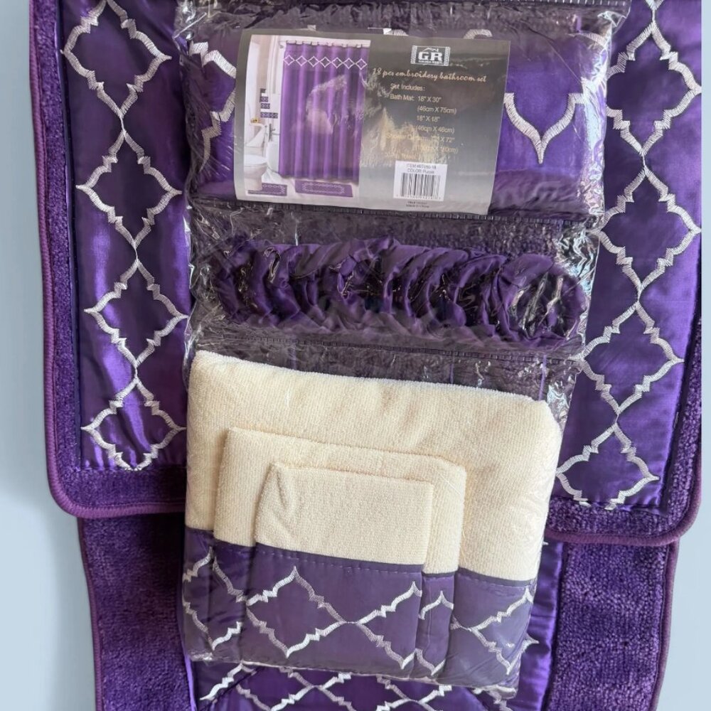 18 pieces Purple Bath set, Shower Curtain, Mats, Hooks and decorative towels